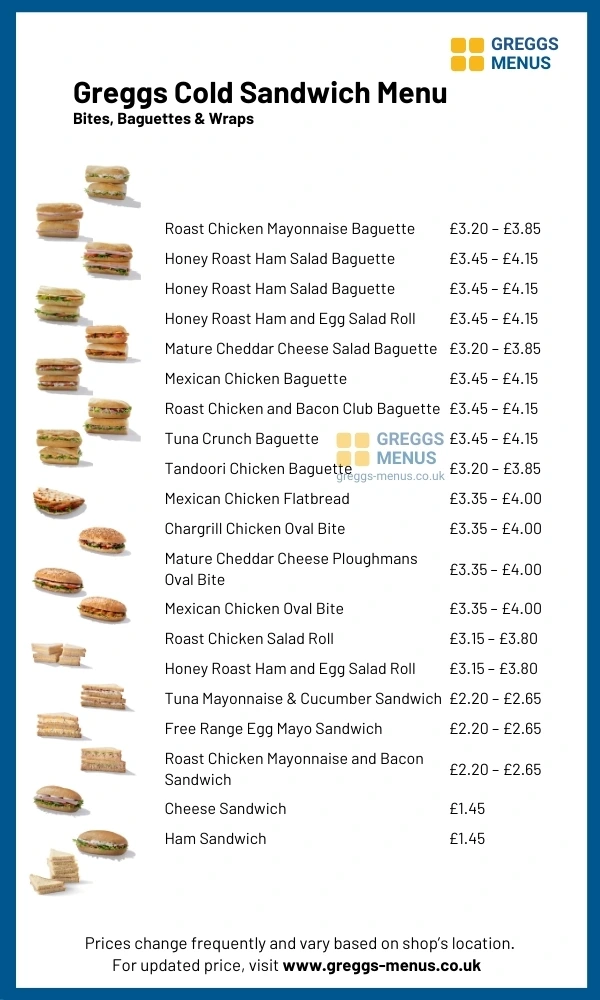greggs cold sandwich menu card